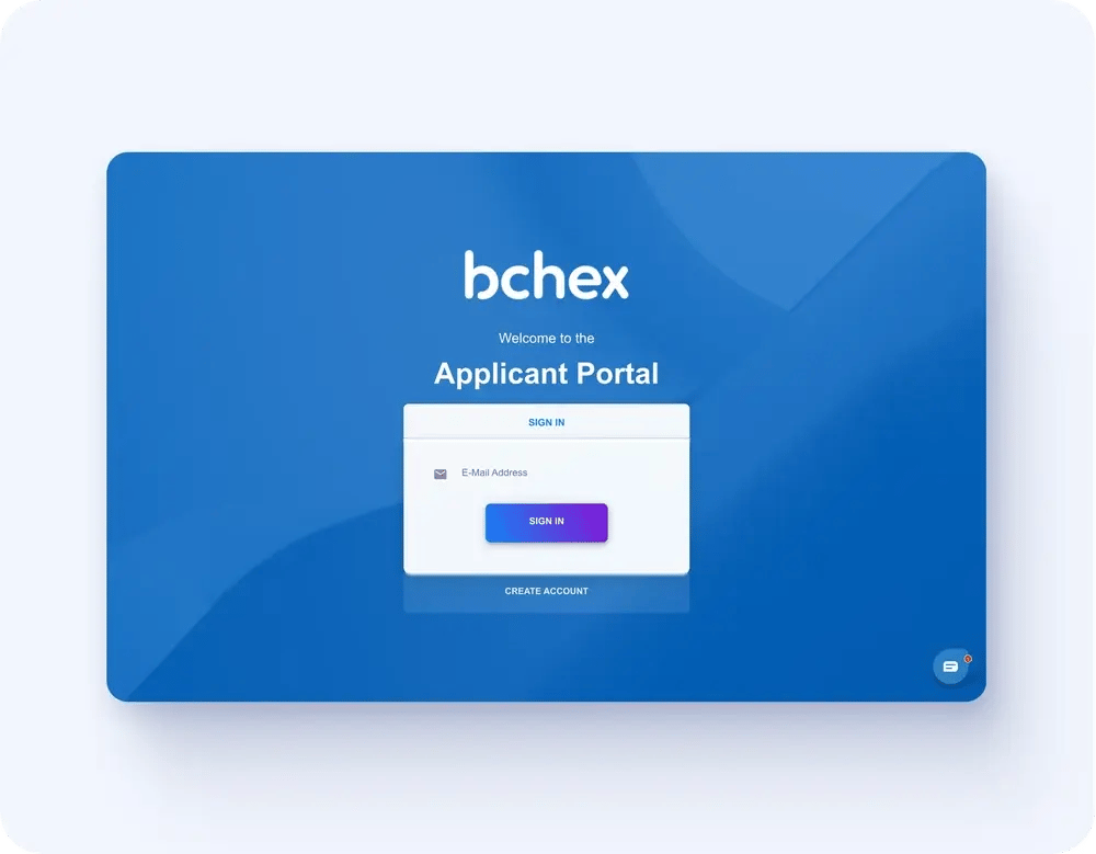 The Bchex applicant portal, where candidates sign in and enter their own information