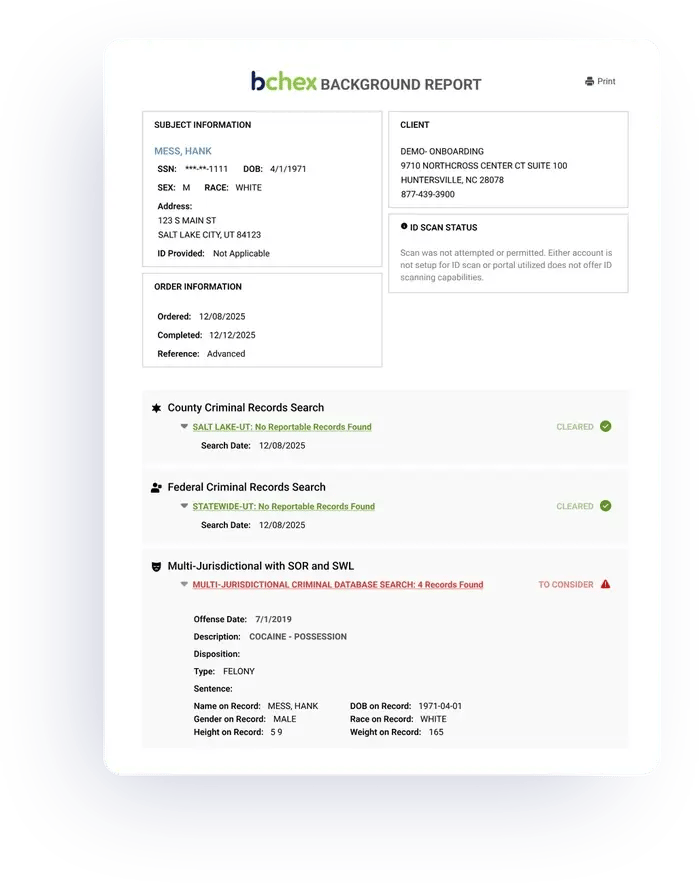 A Bchex background report showing county and federal searches cleared and one record to consider