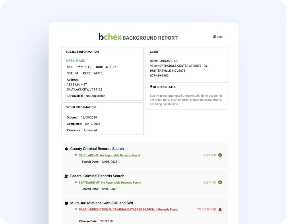 A sample Bchex background report, with each search marked cleared or to consider