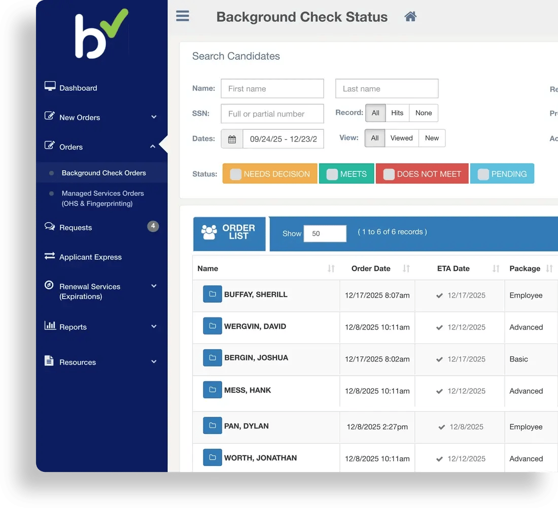 The Bchex employer dashboard, listing background check orders by status