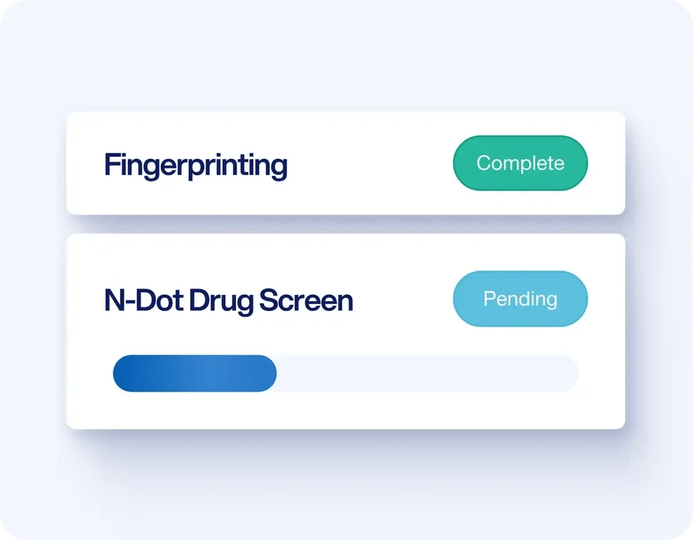 Live status in the Bchex dashboard: fingerprinting complete, drug screen pending