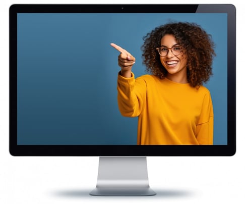 Computer screen showing a woman pointing