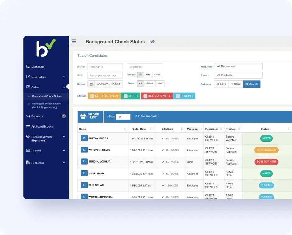 Bchex background check status dashboard listing candidates, order dates, and results