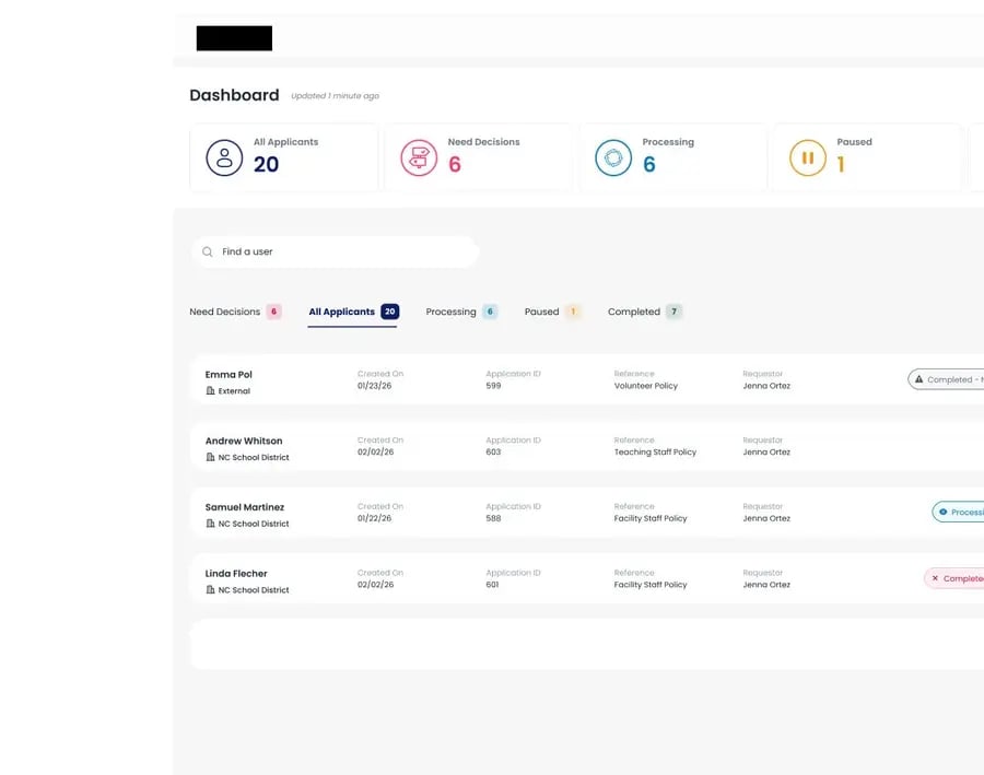 Insight+ dashboard showing applicants that need a decision, in processing, and completed