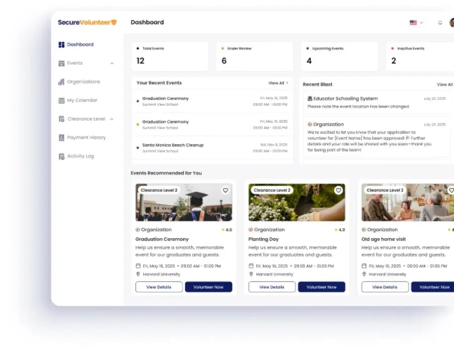 SecureVolunteer dashboard with events, clearance levels, and recommended volunteer opportunities