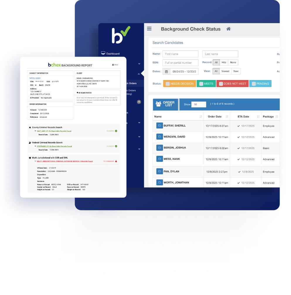 Bchex background check dashboard and sample report