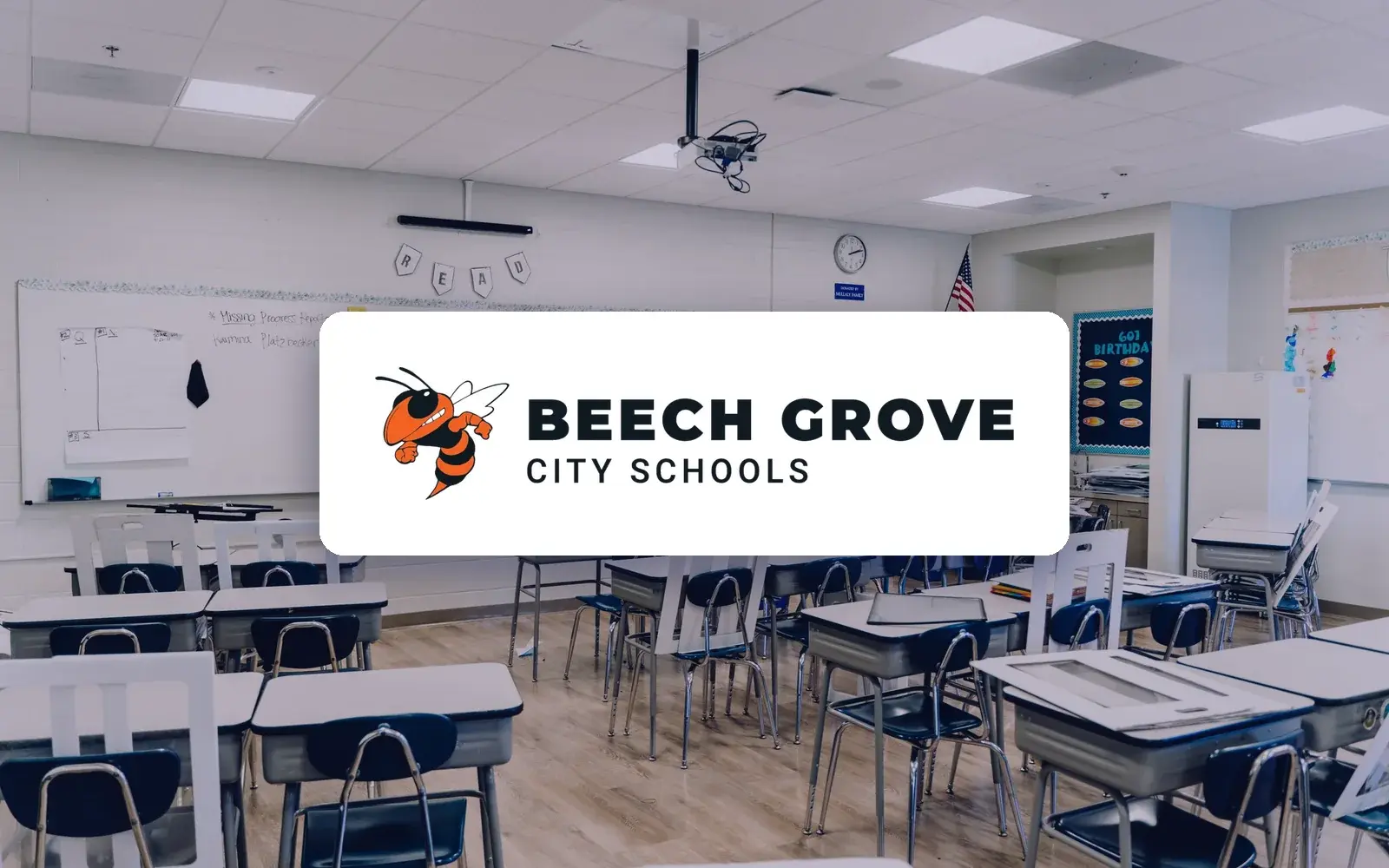 Beech Grove City Schools logo over a bright classroom