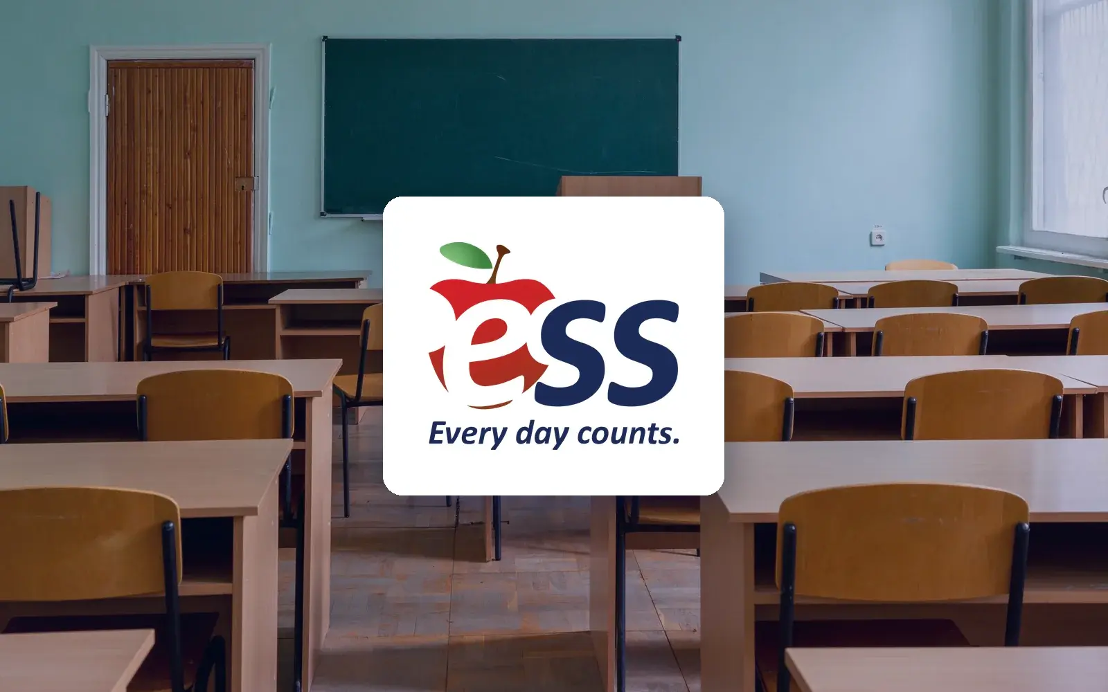 ESS logo over an empty classroom
